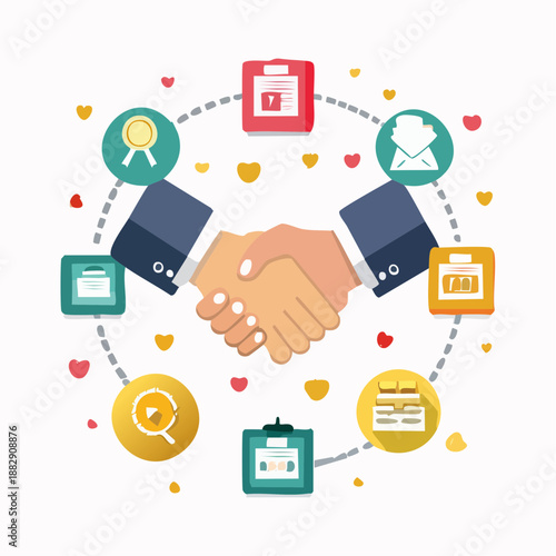 Handshake agreement icons. Partnership business handshake. Vector illustration of cooperation symbols. Heart and dotted line. White background.
