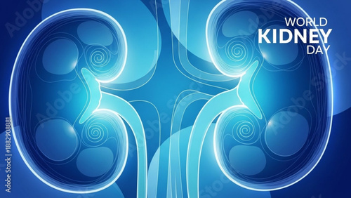Glowing blue kidneys on world kidney day for health awareness and medical concepts