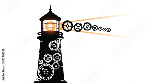 Steampunk lighthouse with gears and glowing beam, symbolizing innovation and guidance.