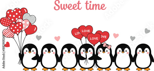 Cute penguins holding heart balloons cartoon illustration with sweet love theme, kawaii animals, and playful pastel flat style