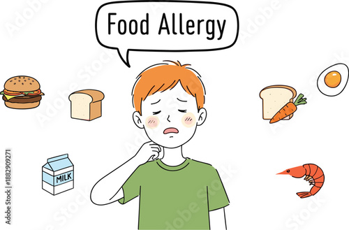 Food allergy concept cartoon illustration with worried child and common allergen foods, health awareness message, and simple flat style