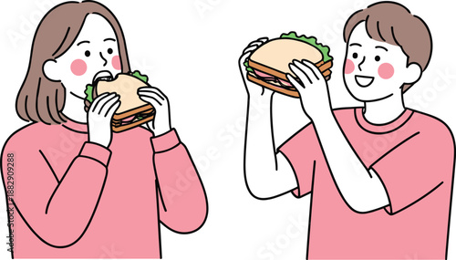 Happy couple eating burgers cartoon illustration with casual dining moment, fast food lifestyle concept, and simple flat style