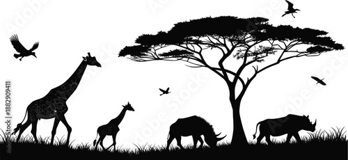 Silhouetted Giraffes and Antelope Beneath Acacia Trees at Night in African Savanna Wildlife Landscape Illustration with Birds Grassland Shadows Scene