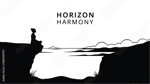 Serene silhouette meditating on cliff edge overlooking calm ocean horizon.