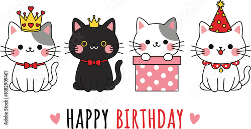 Cute birthday cats cartoon vector set with crowns, party hats, gift box, and happy celebration kawaii illustration style