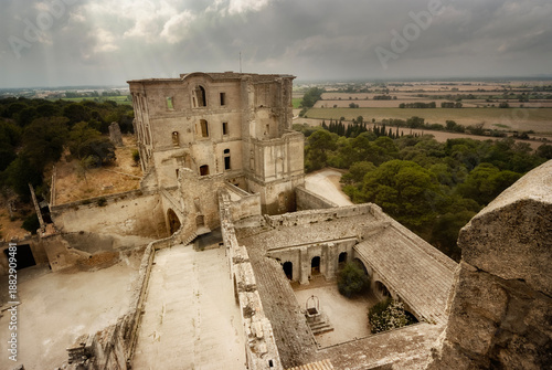 spectacular view from above of the Montmajour monastery, surrounded by valleys