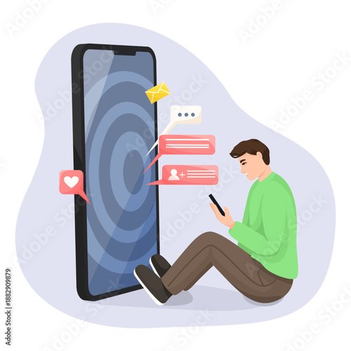 Young man using smartphone while sitting beside large phone screen with message, like, and follow icons, flat style, on light background. Concept of social media interaction. Vector illustration