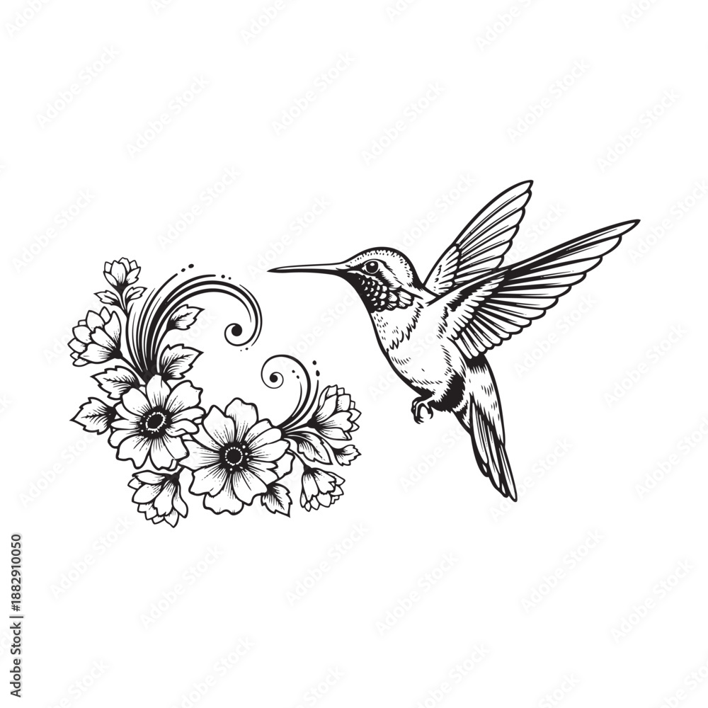Obraz premium Hummingbird flying towards beautiful floral arrangement