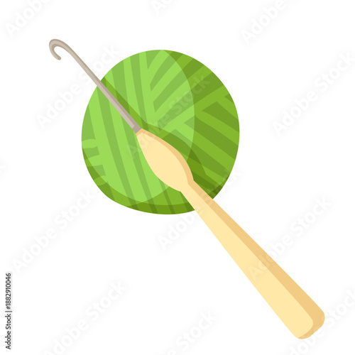Crochet hook with yellow handle resting on a green yarn ball, flat cartoon style on white background. Concept of knitting and crafts. Vector illustration
