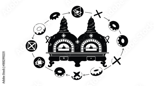 Whimsical illustration of pizza ovens surrounded by stylized donuts and geometric shapes in a circular flow.