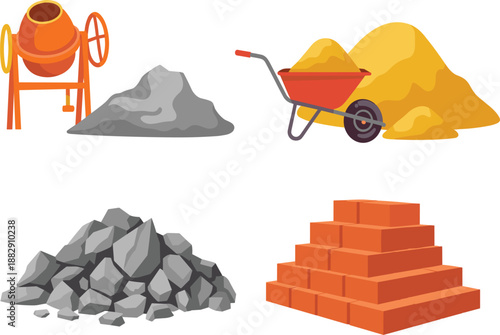 Construction materials vector set with cement mixer, bricks, gravel, sand, and wheelbarrow for building industry site work