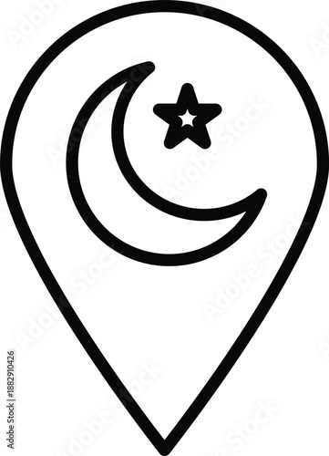 Vector illustration of a map pin symbolizing Ramadhan location with crescent moon and star