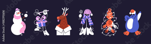 Cute Christmas characters set. Different happy animals, magic gift, snowman, cat with garland and dancing penguin have fun. Xmas or New Year party celebration. Flat isolated vector illustrations