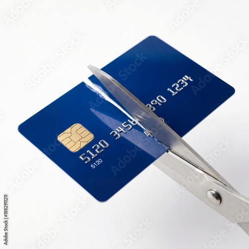 Blue credit card cut in half with scissors isolated on white.