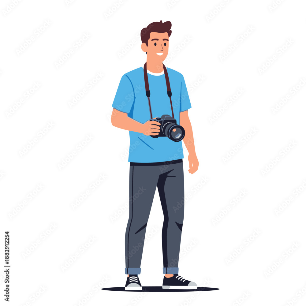 Fototapeta premium Young Man Photographer with DSLR Camera Around Neck, Casual Style, Vector Illustration