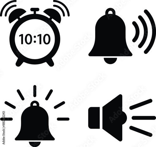 Alarm clock bell notification sound icon set vector illustration isolated on white background for alert reminder interface design usage concept