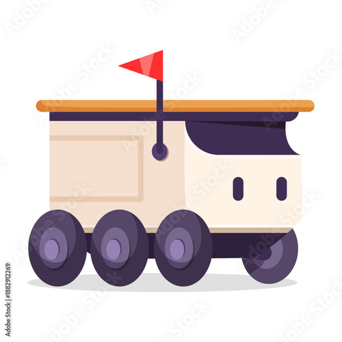 Futuristic cartoon space rover with six wheels and red flag, flat graphic style, isolated on white background. Concept of space exploration. Vector illustration