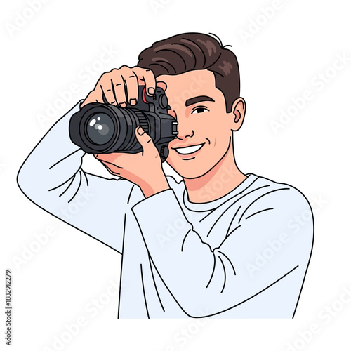 Man Photographer Holding DSLR Camera Taking Photo, Smiling