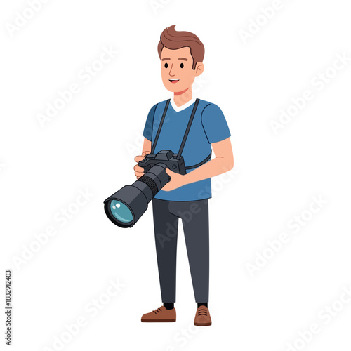 Young Man Photographer Holding Professional Camera with Lens