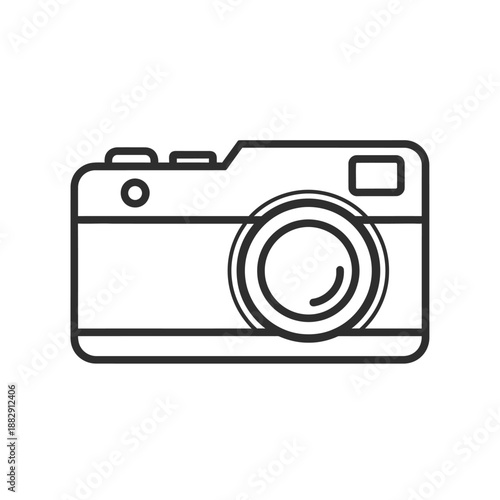 Minimalist digital camera icon, line art illustration of a compact photo device