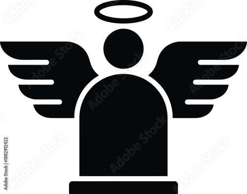 Angel guardian silhouette icon with wings and halo symbol representing protection spirituality religion memorial tribute vector illustration design minimal black