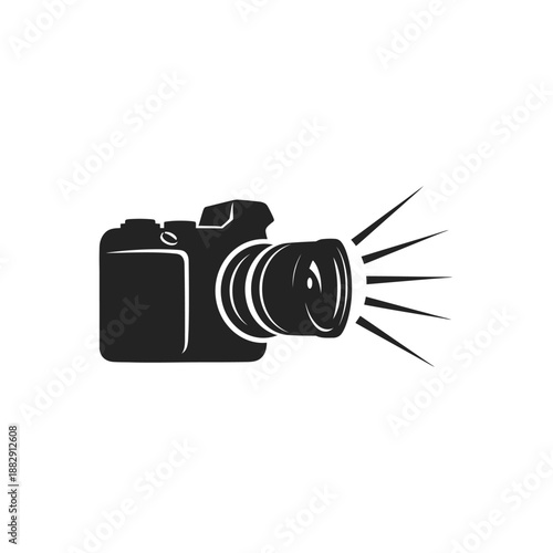 Black silhouette of a camera with a flash emanating from the lens, isolated on white.