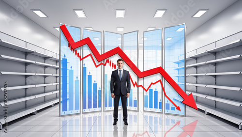 Supply chain impact on stocks shown by empty shelves and businessman with downward red arrow graph in modern room