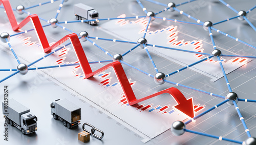 Supply chain impact on stocks shown by declining red arrow with trucks and network connections on financial chart