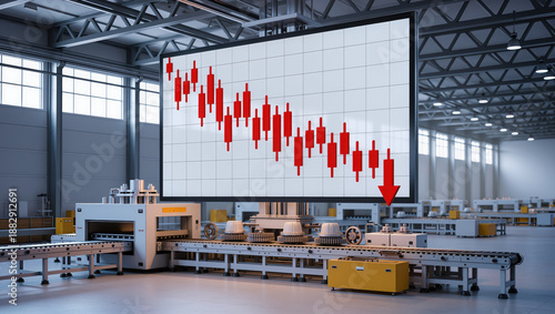 Supply chain impact on stocks shown by declining graph in factory with conveyor belt and machinery