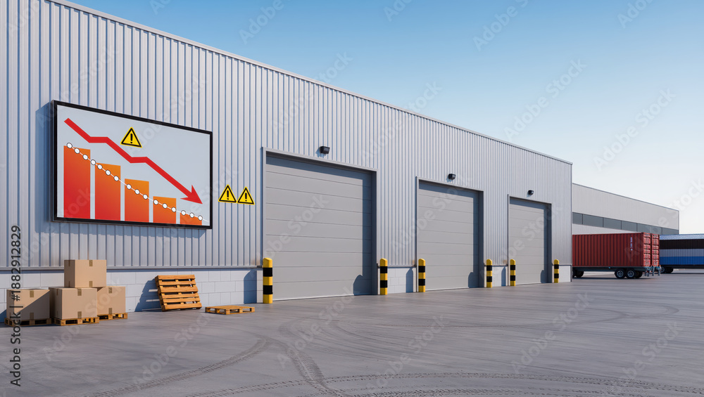 Fototapeta premium Supply chain impact on stocks shown by warehouse with loading dock and downward graph sign