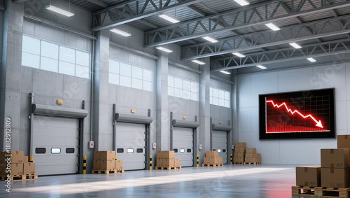 Supply chain impact on stocks shown by downward graph in warehouse with stacked cardboard box pallets