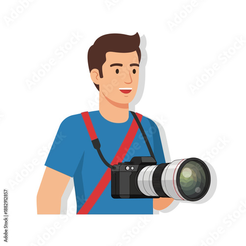 Professional Photographer Holding Camera with Strap - Vector Illustration