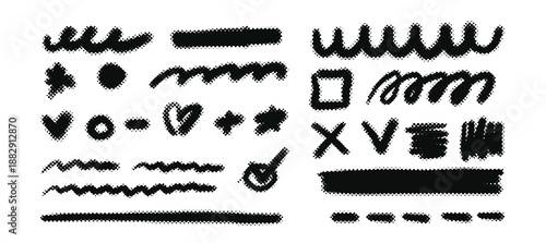Hand drawn line elements with halftone texture. Brush stroke arrows, pencil sketches, and marker doodles. Perfect for creative designs and handwritten emphasis.