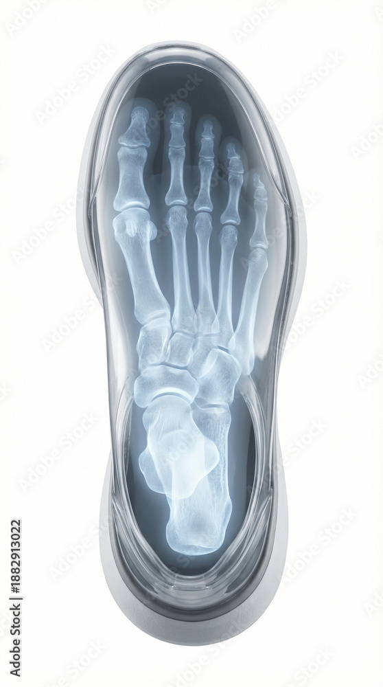 Fototapeta premium Foot Skeleton X-ray View Orthopedic Medical Anatomy Render Blue Glow Isolated White.