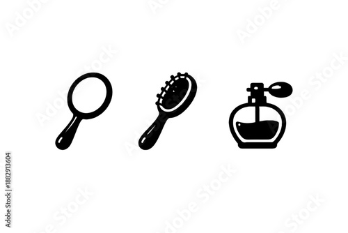 Black icons of magnifying glass hairbrush and perfume bottle on white background for beauty and grooming concepts