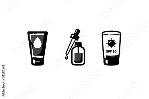 Skincare products for sun protection and hydration including cream serum and spf lotion on white background