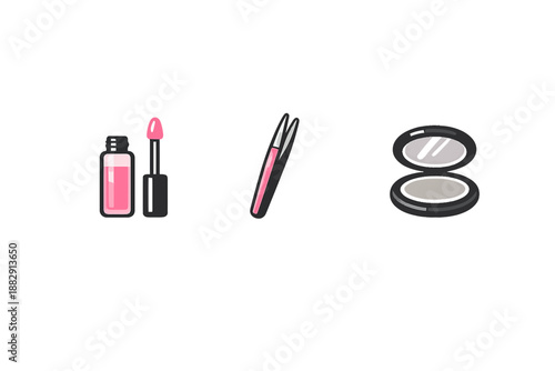 Pink makeup products including lipstick eyeliner and eyeshadow on a white background for beauty and cosmetics