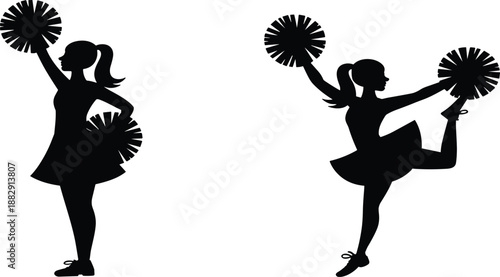 Cheerleader girl silhouettes with pom poms, female dancer poses, sports spirit and team support vector illustration