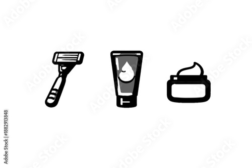 Shaving kit with razor shaving cream and aftershave on a white background for grooming routine