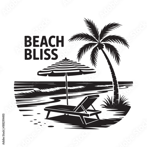 Beach bliss text tropical silhouette with palm tree summer design