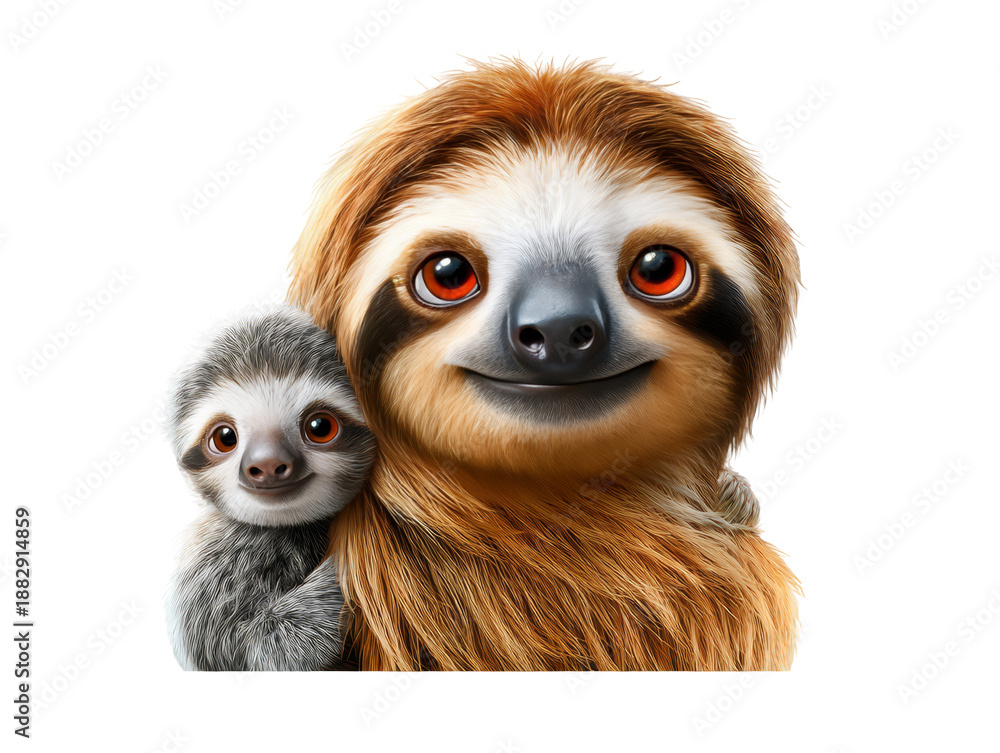 Fototapeta premium Two adorable sloths, one adult and one baby, are smiling together against a white background, showcasing their expressive eyes and soft fur. isolated image, transparent background