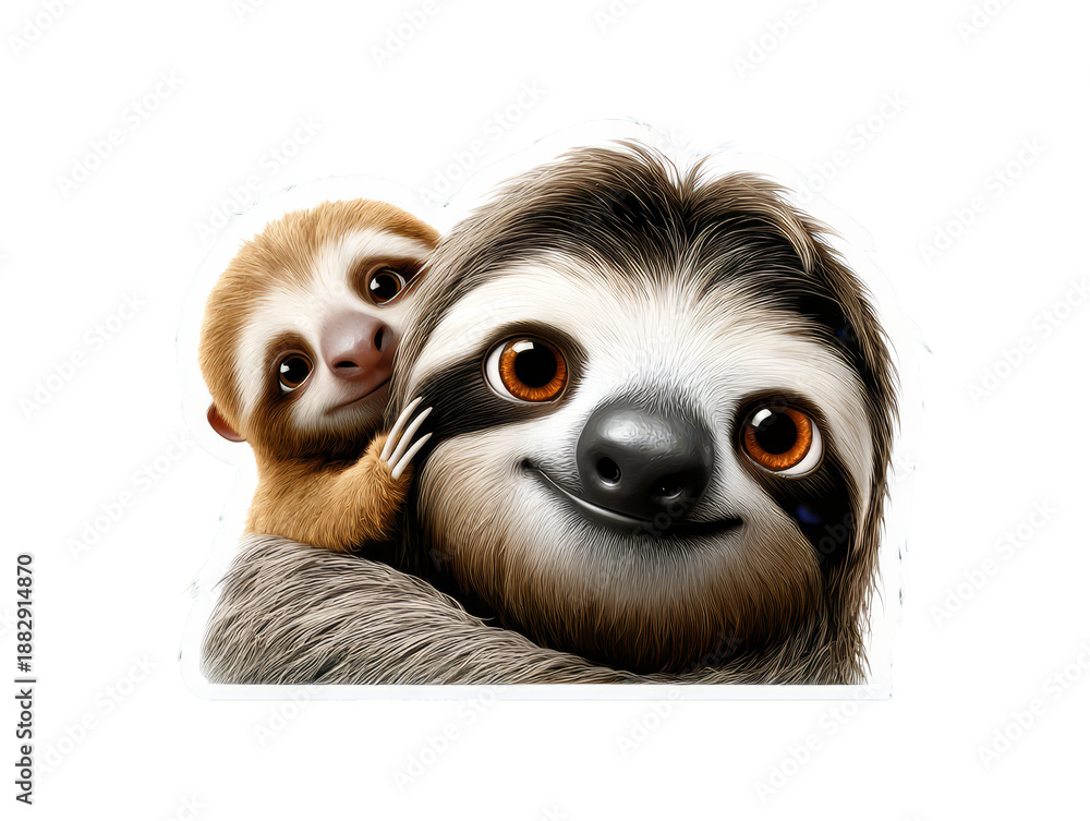 Fototapeta premium Cute sloth and baby sloth are embracing each other with joyful expressions, showcasing their adorable features and soft fur in a playful moment. isolated image, transparent background