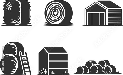 Farm hay bales and barn icon set, agriculture harvest symbols with round straw stacks and rural sheds