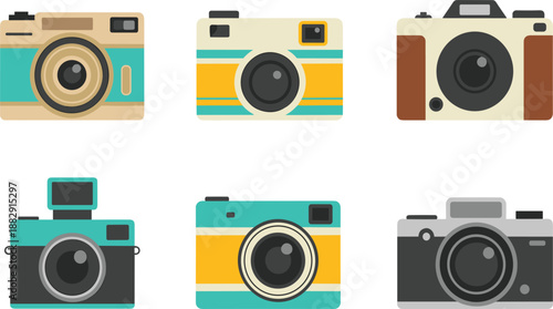 Vintage photo camera vector icon set, retro flat photography equipment collection isolated on white background web design