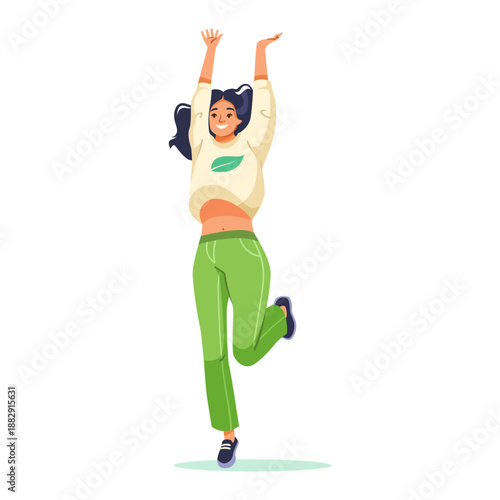 Cheerful young woman jumping up with hands raised, cartoon style on white background. Concept of happiness, freedom, and youthful energy. Vector illustration