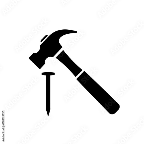Black silhouette of a hammer hitting a nail on white background.