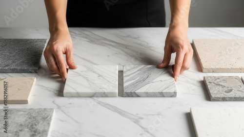 Caucasian woman arranging marble tile samples on table, interior design and material selection in commercial setting
