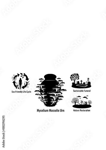 Green Burial Concept Silhouette, Mycelium Mushroom Urn and Sustainable Funeral, Eco Friendly Life Cycle and Nature Restoration Vector