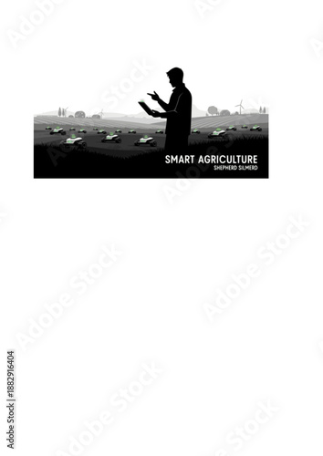 Smart Agriculture Shepherd Silhouette, Person Managing Robotic Weeders with Tablet, Autonomous Farming and Sustainable Land Care Vector