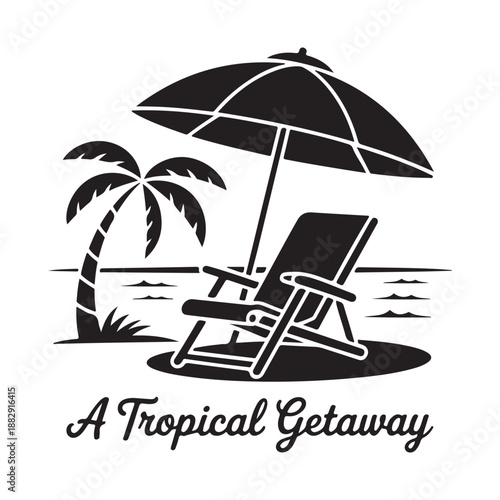 A tropical getaway beach silhouette with umbrella chair and palm trees